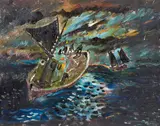 Fishergirls on the shore before a chapel by Charles Murray, also, 'Fishing Smacks, Night', oil on board, offered Nov 2013