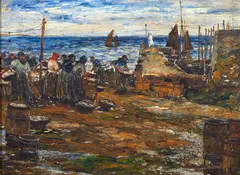 Sorting the catch on a scottish quayside by David Macbeth Sutherland, oil on canvas, sold Nov 2013