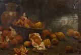 A still life of fruit, wicker basket and earthenware jug by Continental School, oil on canvas, sold Nov 2013