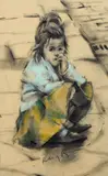 Young girl on the pavement of a cobbled street by Harold Riley, and a print by Riley 'Alice with the Evening News', sold Nov 2013