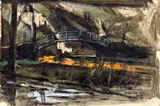 'The Blue Bridge at Worsley', together with 'Sundial Eccles Churchyard' by Harold Riley, both signed 'Riley 61' pen, ink and watercolour, sold Nov 2013