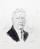 'L. S. Lowry' - a head and shoulders portrait before a lowryesque townscape by Tom Dodson, sold Nov 2013