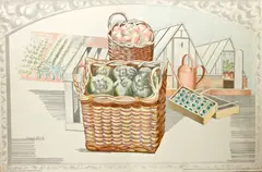 Greenhouses with baskets of produce by Paul Nash, colour lithographic poster printed for HMSO by Waterloo and Sons, sold Oct 2013