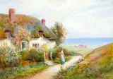 Mother and children before a thatched cottage by the coast by Thomas Noelsmith, sold Oct 2013