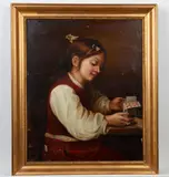 Young girl building a house of cards by Continental School, oil on canvas, sold Oct 2013