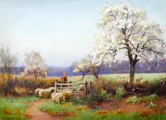 Feeding the lambs, and shepherd by a gate, a pair by Benjamin D. Sigmund, both signed 'B.D. SIGMUND' (lower left) watercolour, sold Sep 2013