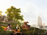 River landscape with barges, cattle and maid cleaning metalware by Leendert de Koningh, sold Sep 2013