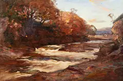 Autumnal river landscape by Joseph Malachy Kavanagh, sold Sep 2013