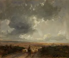 Farmer driving sheep on an open road before a landscape by James Humbert Craig, sold Sep 2013
