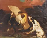 Heron attacked by two hounds by Abraham Danielsz Hondius, possibly indistinctly signed oil on canvas laid on board, sold Sep 2013