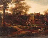A shepherd and his flock and goats before cottages by Dutch School, oil on panel, offered Sep 2013