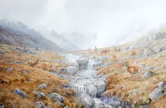 'The Second from the Left' - deer on a highland hillside by Vincent Balfour-Browne, to be sold together with an additional watercolour of calves in a barn in the style of David Gauld, (2), sold Sep 2013
