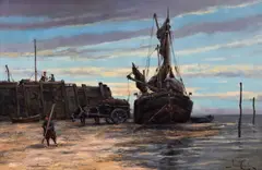 View of a Dutch waterfront, possibly Delft and another, fishermen unloading the catch, a pair by Jan van Couver, both signed 'J Van Couver' (lower right and lower left) oil on canvas, sold Jun 2013
