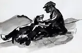Farmer and dog seated on a Welsh hillside by Kyffin Williams, pen, ink and wash, sold Mar 2013