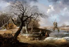 Winter scene with skaters by Julius Caesar Ibbetson, indistinctly signed 'J. F. R (or B)'? (lower right); also bears inscription 'Shelhout' verso oil on panel, sold Mar 2013