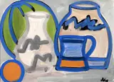 'Still Life', with jug on a tabletop by Markey Robinson, indistinctly signed 'Markey' (lower right); bears inscription label verso gouache, sold Mar 2013