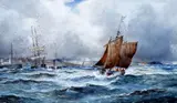 Shipping at the harbour entrance by Thomas Bush Hardy, and another by the same hand, 'Off Yarmouth', watercolour, 25 x 36cm. We suggest the artist of these paintings is Robert, offered Mar 2013