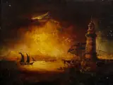A volcano by night - shipping and a lighthouse by Continental School, oil on panel, sold Mar 2013