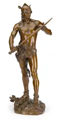 patinated bronze sculpture of a standing warrior, Sword of Valor by Andre Paul Massoulle, patinated bronze, sold Sep 2013