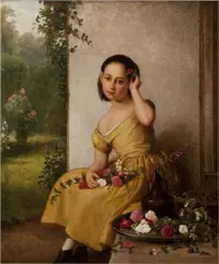 Girl in a yellow dress with fresh cut flowers by George Cochran Lambdin, oil on canvas, sold Sep 2013