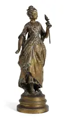 French patinated bronze figure of a lady in eighteenth-century costume holding a distaff by Auguste Moreau, patinated bronze, sold Apr 2013
