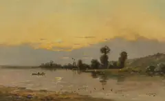 A river view at sunset with figures in a boat by Hippolyte Camille Delpy, oil on panel, sold Mar 2013