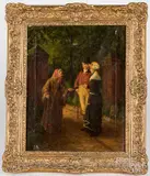 three figures at a gate by Charles Lowcock, oil on canvas, sold Apr 2021
