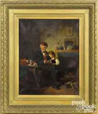 interior of a man with a pocket watch and a young girl by James Wells Champney, oil on canvas, sold Jan 2021