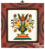 fraktur of two birds perched on an urn with tulip by David Y. Ellinger, watercolor, sold Jan 2021