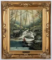 landscape with man fishing by Raphael Senseman, oil on canvas, sold Jan 2021