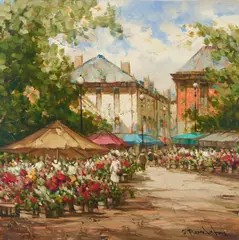 Flower Market by Pierre Latour, oil on canvas (unstretched), sold May 2021
