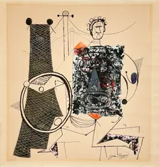Acrobat by Byron Browne, 1947, ink, crayon, collage on paper, sold May 2021