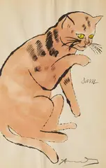 Sam - From 25 Cats Named Sam and One Blue Pussy by Andy Warhol, 1954, lithograph with hand coloring on laid Ticonderoga paper, sold Jun 2021
