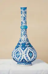 Water bottle with Blue Decorations by Eduardo Bortk, c. 2000, oil on canvas, sold Jun 2021