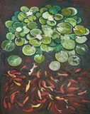 Botanical Garden - Water Lilies and Goldfish by Lowell Nesbitt, 1987, oil on canvas, sold Jun 2021