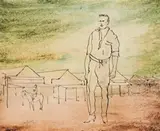 Figure In Outback Landscape by Sidney Nolan, 1954, wax crayon, fabric dye and ink on paper, sold Aug 2007