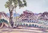 Macdonnell Ranges Landscape by Otto Pareroultja, watercolour on card, offered Aug 2007