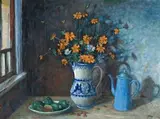 Still Life With Flowers In A Blue And White Jug by Margaret Olley, c.1975, oil on composition board, sold Nov 2007