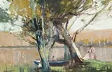 Boat And Bathers At Narrabeen Verso: River Landscape by Sydney Long, oil on board (double sided), sold Nov 2007