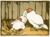 Chooks In The Straw by Helen Ogilvie, c.1932, colour linocut, sold Nov 2007
