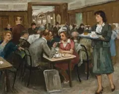 Cafe by Ethelbert White, oil on board, sold Nov 2007