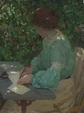 (Her) Letter by E. Phillips Fox, 1905, oil on canvas on hardboard, sold Apr 2008