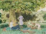 IN THE GARDENS, c.1932 (FROM THE ROYAL BOTANIC GARDENS, MELBOURNE SERIES) by Rupert Bunny, oil on card, sold Apr 2008