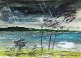 Bike Rider, Stormy Weather, Wangi by William Dobell, gouache on card, sold Apr 2008
