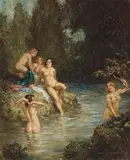 River Nymphs by Norman Lindsay, oil on canvas on board, sold Apr 2008