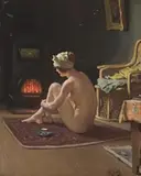 Seated Nude By The Fire by Lindsay Bernard Hall, oil on canvas, sold Apr 2008