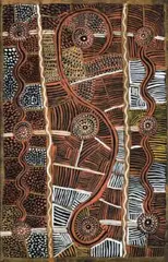 Water Story (Version 7) by Long Jack Phillipus Tjakamarra, 1972, synthetic polymer powder paint and PVA on composition board, sold Mar 2009