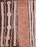 Tingari Cycle Dreaming Journey by Mick Namarari Tjapaltjarri, 1972, synthetic polymer powder paint and PVA on composition board, sold Mar 2009