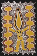 Kurtal With Dance Poles by Jarinyanu David Downs, 1986 - 87, natural earth pigments and synthetic polymer paint on board, sold Mar 2009
