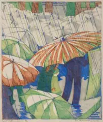 Wet Afternoon by Ethel Spowers, 1929, colour linocut on buff oriental laid tissue, sold Nov 2011